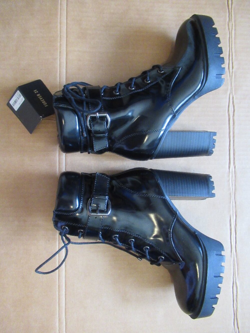 NWT Forever 21 Black Patent Lace Up Buckle Chunky Heel Ankle Boots | Size 7 - Picture 4 of 16